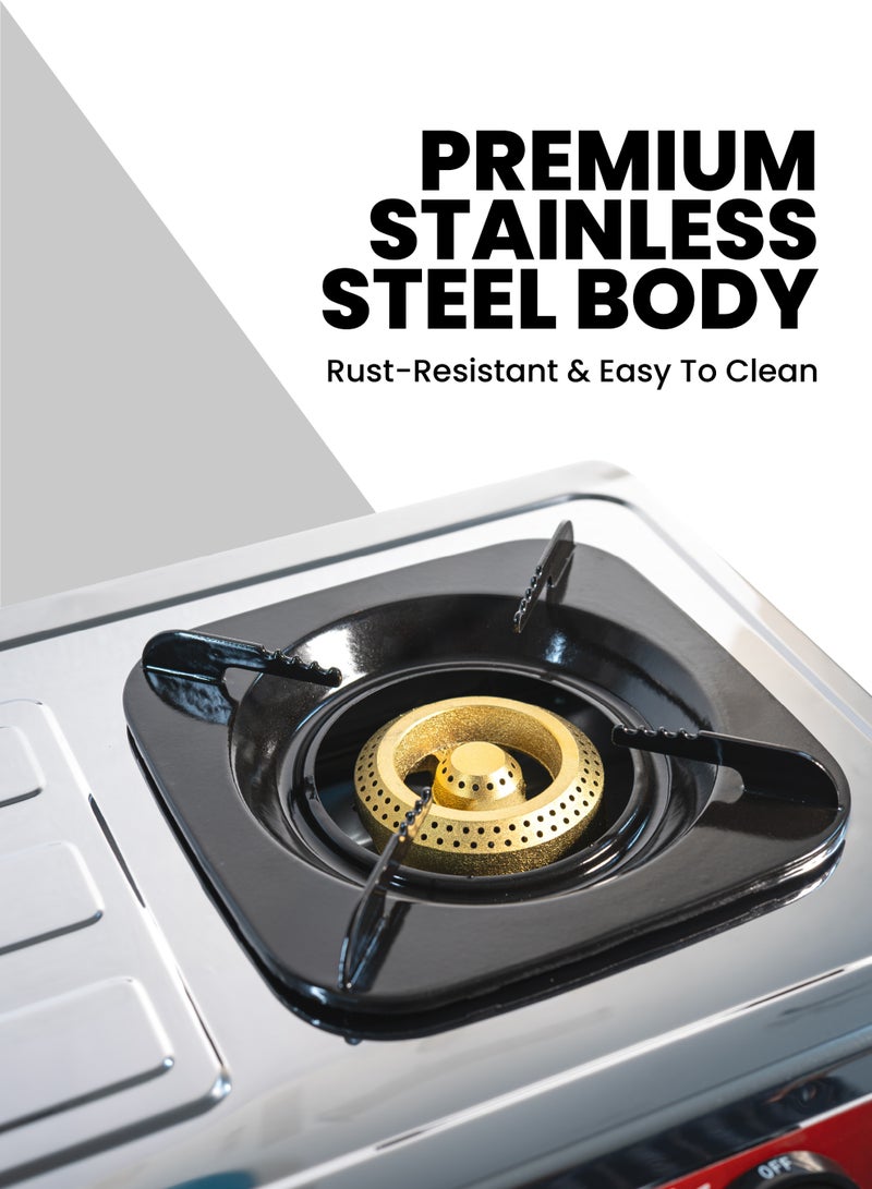 TEAM Stainless Steel Double Burner Gas Stove | Heavy-Duty Cast Iron Burners, Automatic Ignition, Adjustable Damper, Detachable Drip Pan - Image 3